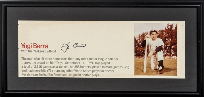 1950s -1970s Framed Yogi Berra Tile Piece Hung At Yankee Stadium and Signed By Berra (JSA)